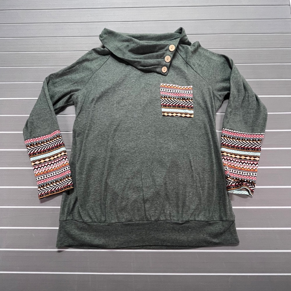 Miusey Women Green Cowl Neck Button Accent Tunic Top Boho Print Sleeve Pocket XL